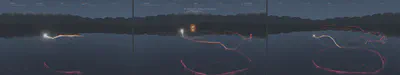 Three stages in the Arietta visualization, with musical voices drawn as luminous paths over a night landscape