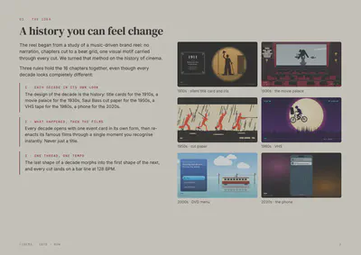 A page from the Cinema 1878–Now design brochure showing how different decades adopt silent-card, movie-palace, cut-paper, VHS, DVD-menu, and phone-screen visual languages