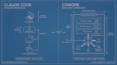 Technical architecture comparison: Claude Code’s lightweight local execution vs CoWork’s managed VM environment