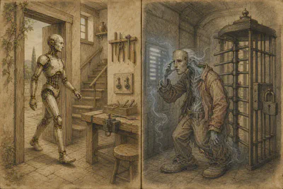 The human template lets the robot inherit a world built to human measure, and hobbles the agent forced to wear a human costume to move through it.